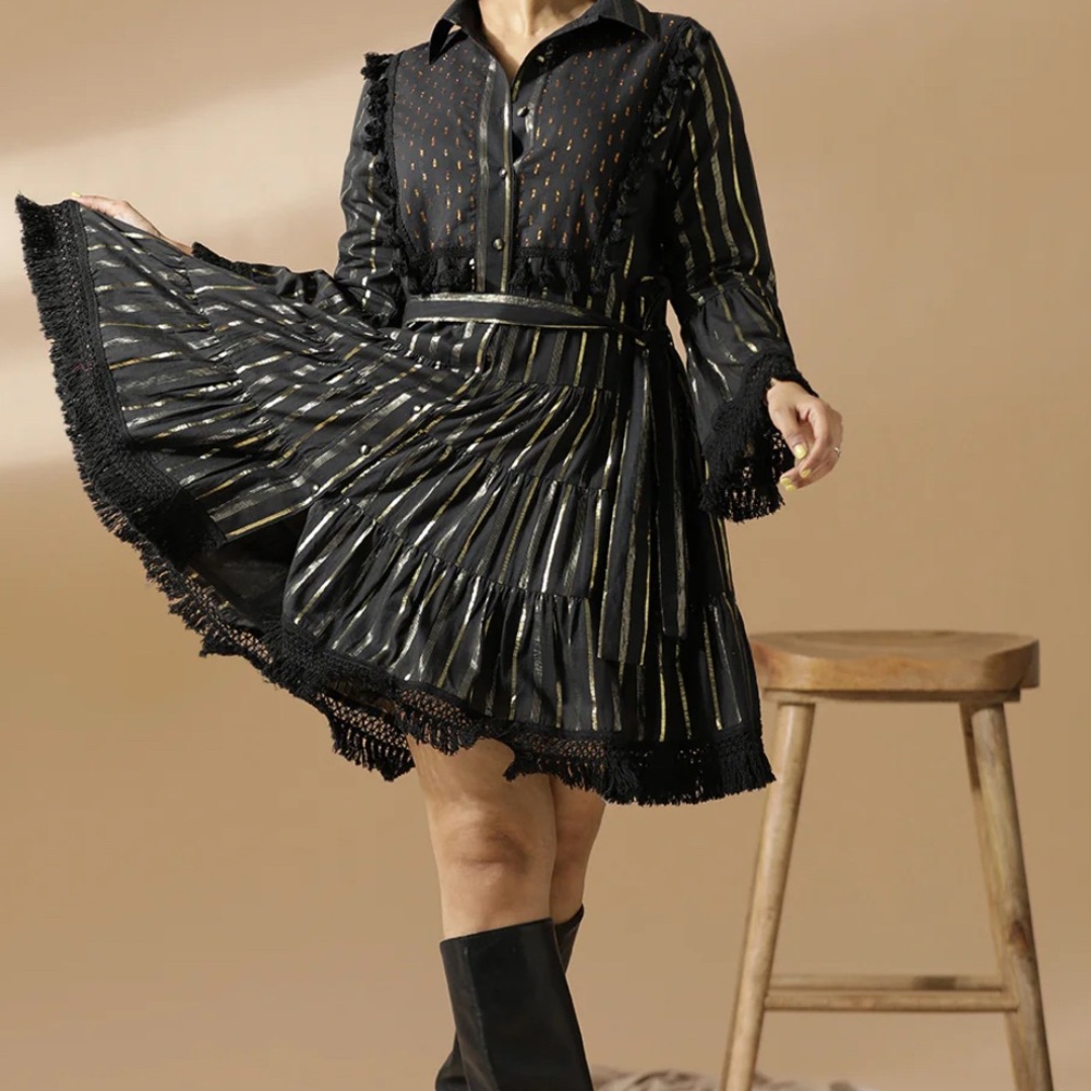 Womenās Black Gold Metallic Striped Tiered Mini Dress Bell Sleeve Boho Party M - Picture 7 of 9